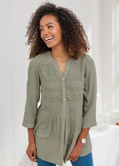 Cotton Traders Soft Khaki Crinkle Lace Trim Tunic