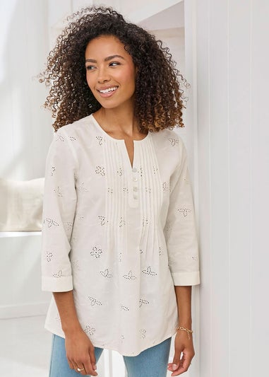 Cotton Traders Ivory Broderie Pintuck Blouse