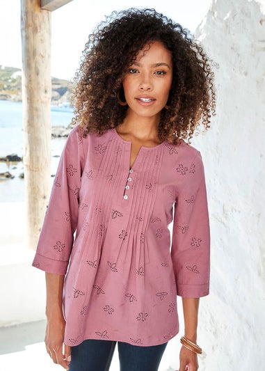 Cotton Traders Rose Pink Broderie Pintuck Blouse