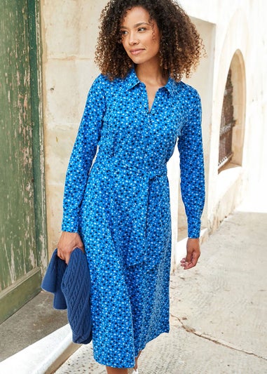 Cotton Traders Ink Blue Print Jersey Midi Shirt Dress