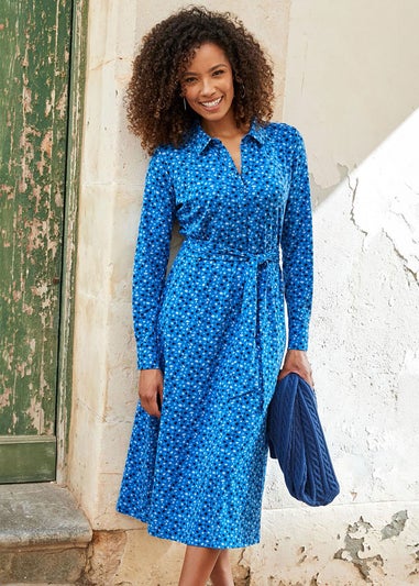 Cotton Traders Ink Blue Print Jersey Midi Shirt Dress