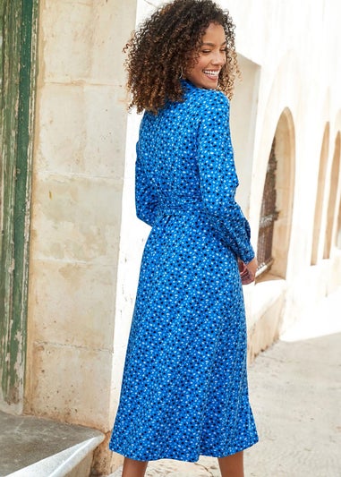 Cotton Traders Ink Blue Print Jersey Midi Shirt Dress