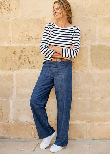 Cotton Traders Pale Blue Pull-On Wide-Leg Jeans