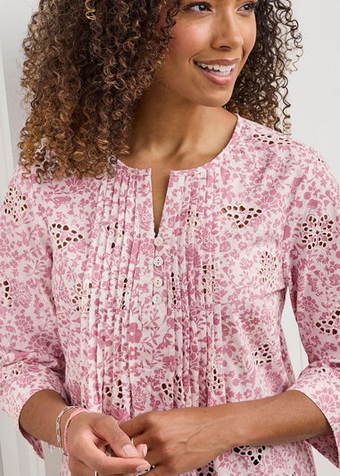 Cotton Traders Rose Pink Print Broderie Pintuck Blouse