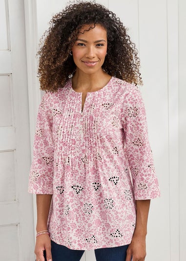 Cotton Traders Rose Pink Print Broderie Pintuck Blouse