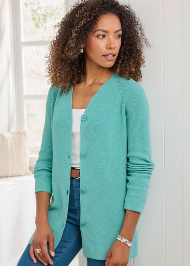 Cotton Traders Turqouise Longline Ribbed Cotton Cardigan