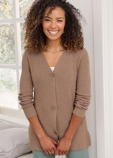 Cotton Traders Light Taupe Longline Ribbed Cotton Cardigan