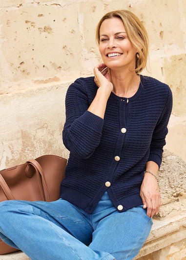 Cotton Traders Navy Textured Button Cardigan