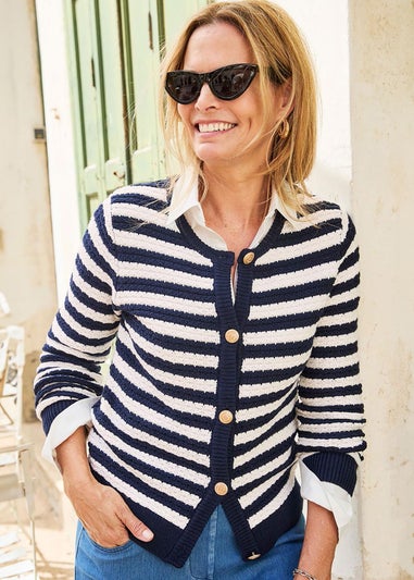 Cotton Traders Navy Stripe Textured Button Cardigan