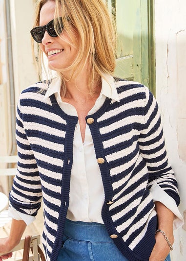 Cotton Traders Navy Stripe Textured Button Cardigan