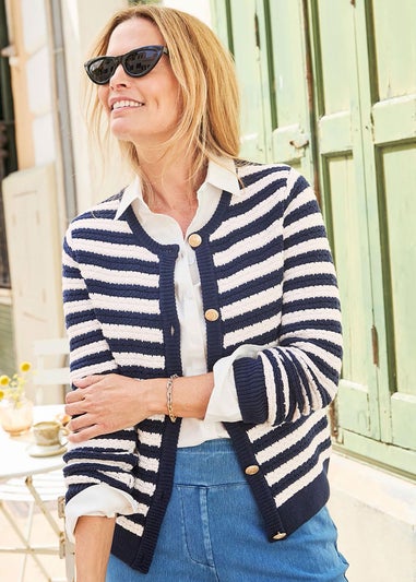 Cotton Traders Navy Stripe Textured Button Cardigan