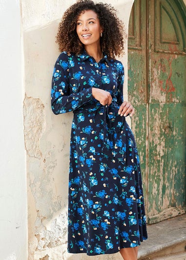 Cotton Traders Navy Print Jersey Midi Shirt Dress