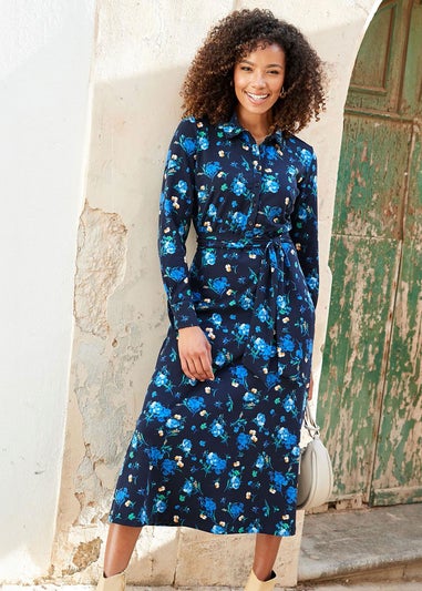 Cotton Traders Navy Print Jersey Midi Shirt Dress