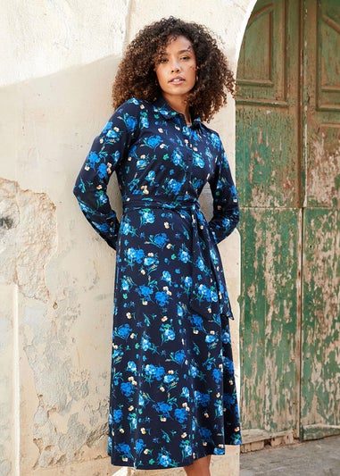 Cotton Traders Navy Print Jersey Midi Shirt Dress