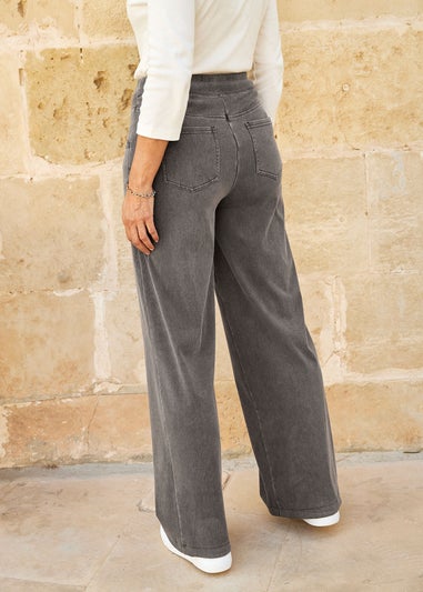 Cotton Traders Grey Stretch Jersey Denim Wide-Leg Pull-On Trousers