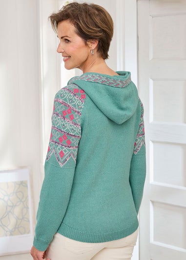 Cotton Traders Light Teal Fair Isle Hooded Jumper