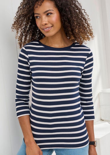 Cotton Traders Navy Wrinkle Free Stripe Boat Neck Top