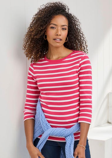 Cotton Traders Deep Coral Wrinkle Free Stripe Boat Neck Top