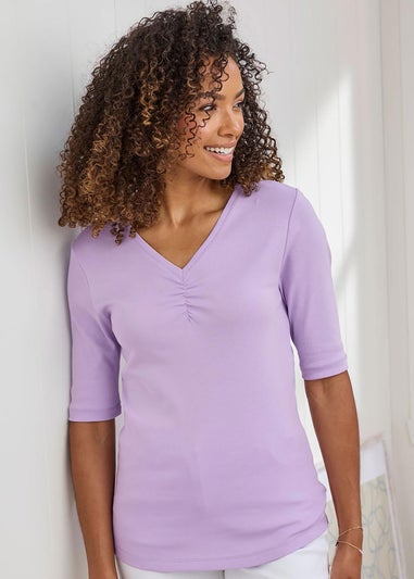 Cotton Traders Pastel Lavender Wrinkle Free Ruched V-Neck Top