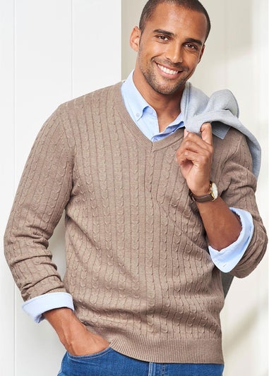 Cotton Traders Linen Cotton V-Neck Cable Jumper