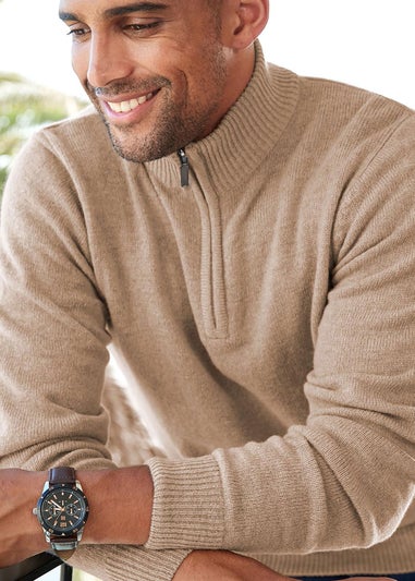 Cotton Traders Latte Half-Zip Lambswool Rich Jumper