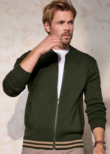 Cotton Traders Dark Green Premium Zip-Through Knitted Bomber