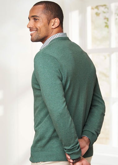 Cotton Traders Dark Green Cotton V-Neck Jumper