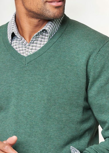 Cotton Traders Dark Green Cotton V-Neck Jumper