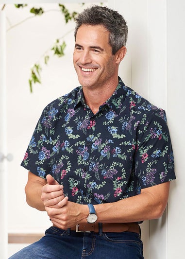 Cotton Traders Midnight Blue  Short Sleeve Soft Touch Print Shirt