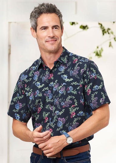 Cotton Traders Midnight Blue  Short Sleeve Soft Touch Print Shirt