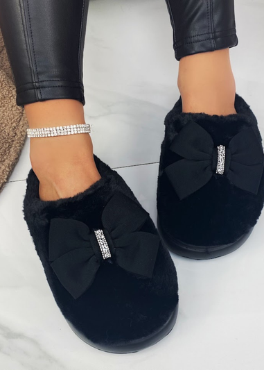 Love Lemonade Black Sparkly Bow Plush Lightweight Slippers