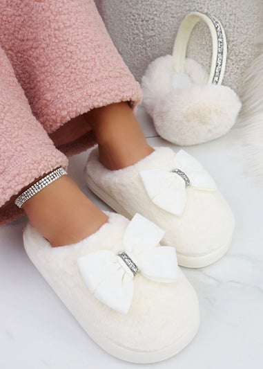 Love Lemonade White Sparkly Bow Plush Lightweight Slippers