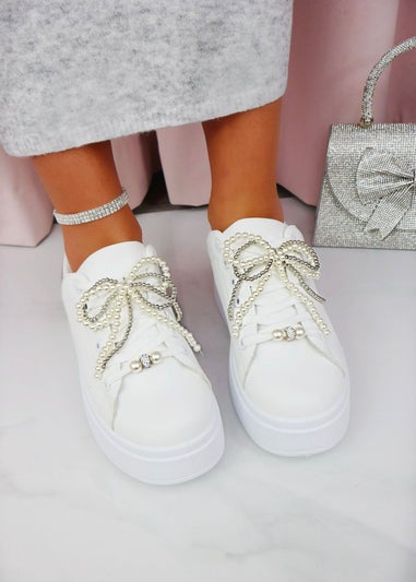 Love Lemonade Silver Sparkly Pearl Bow Chunky Trainers