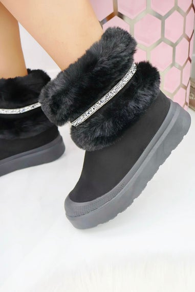 Love Lemonade Black Crystal Embellished Faux Fur Trim Boots