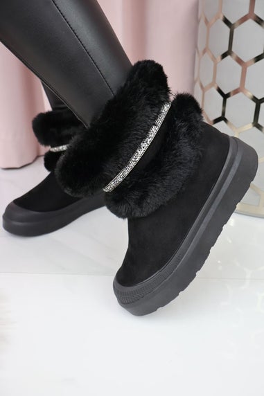 Love Lemonade Black Crystal Embellished Faux Fur Trim Boots