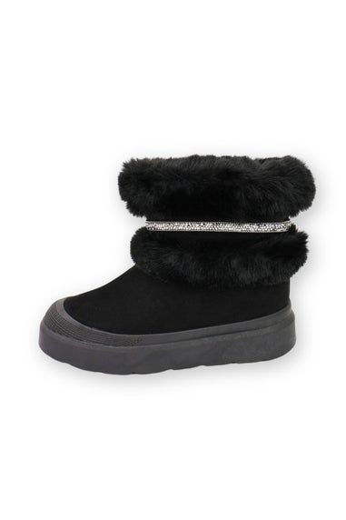 Love Lemonade Black Crystal Embellished Faux Fur Trim Boots