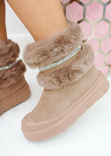 Love Lemonade Brown Crystal Embellished Faux Fur Trim Boots