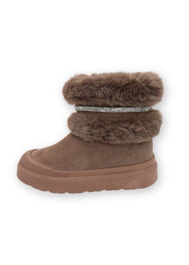 Love Lemonade Brown Crystal Embellished Faux Fur Trim Boots