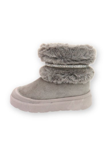 Love Lemonade Grey Crystal Embellished Faux Fur Trim Boots