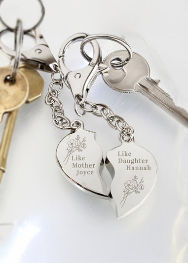 Personalised Memento Company Silver Floral Mother Daughter Two Heart Keyring