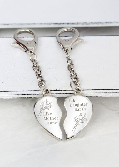 Personalised Memento Company Silver Floral Mother Daughter Two Heart Keyring