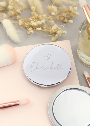 Personalised Memento Company Silver Heart Motif Round Compact Mirror