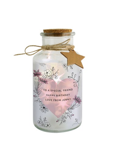 Personalised Memento Company Pink Floral Heart LED Clear Glass Jar