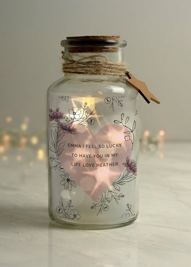 Personalised Memento Company Pink Floral Heart LED Clear Glass Jar