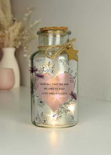 Personalised Memento Company Pink Floral Heart LED Clear Glass Jar