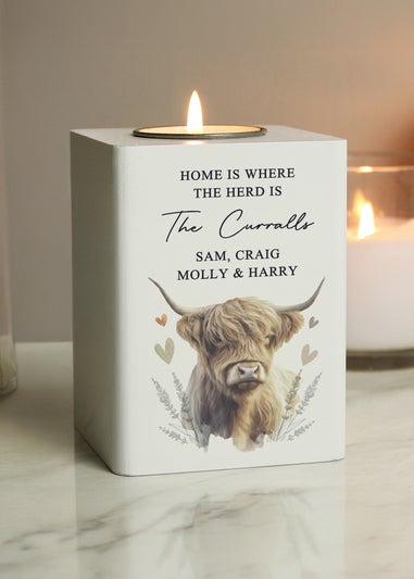 Personalised Memento Company Highland Cow White Wooden Tealight Holder