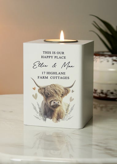 Personalised Memento Company Highland Cow White Wooden Tealight Holder