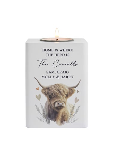 Personalised Memento Company Highland Cow White Wooden Tealight Holder