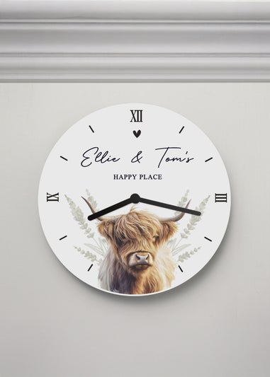 Personalised Memento Company Highland Cow White Wooden Clock