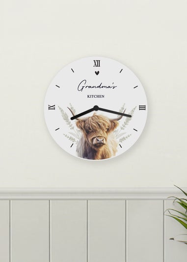 Personalised Memento Company Highland Cow White Wooden Clock